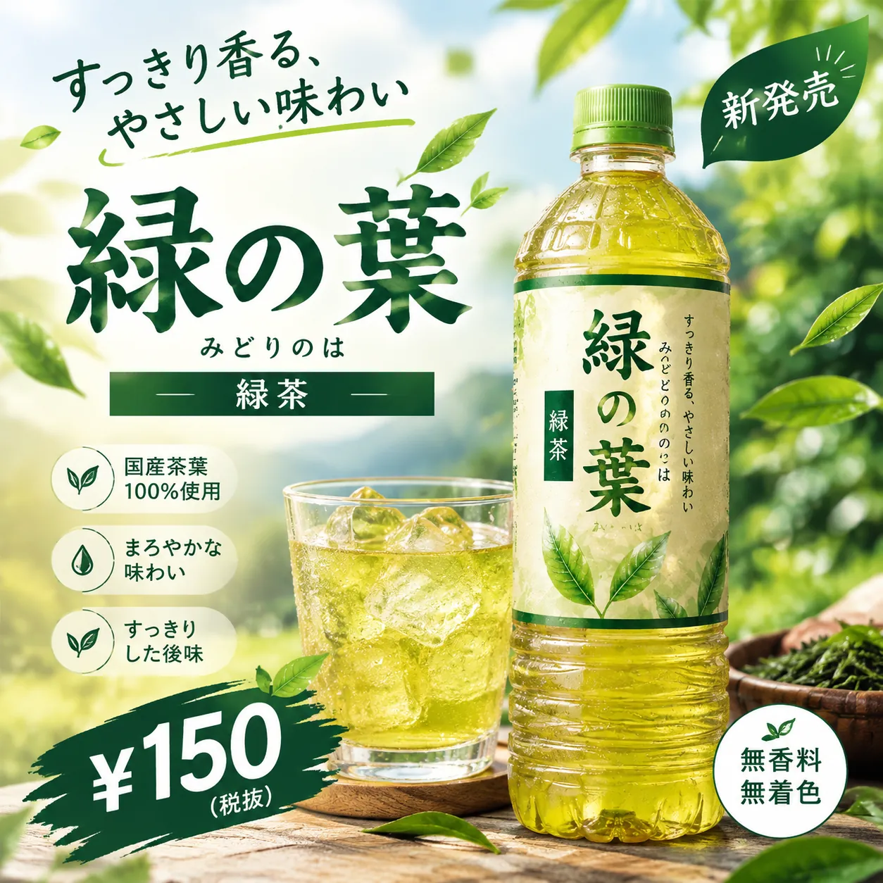 Redesigned Japanese green tea ad with a green bottle, a glass of iced tea and tea leaves on a wooden table, large Japanese title, benefit badges and a ¥150 price