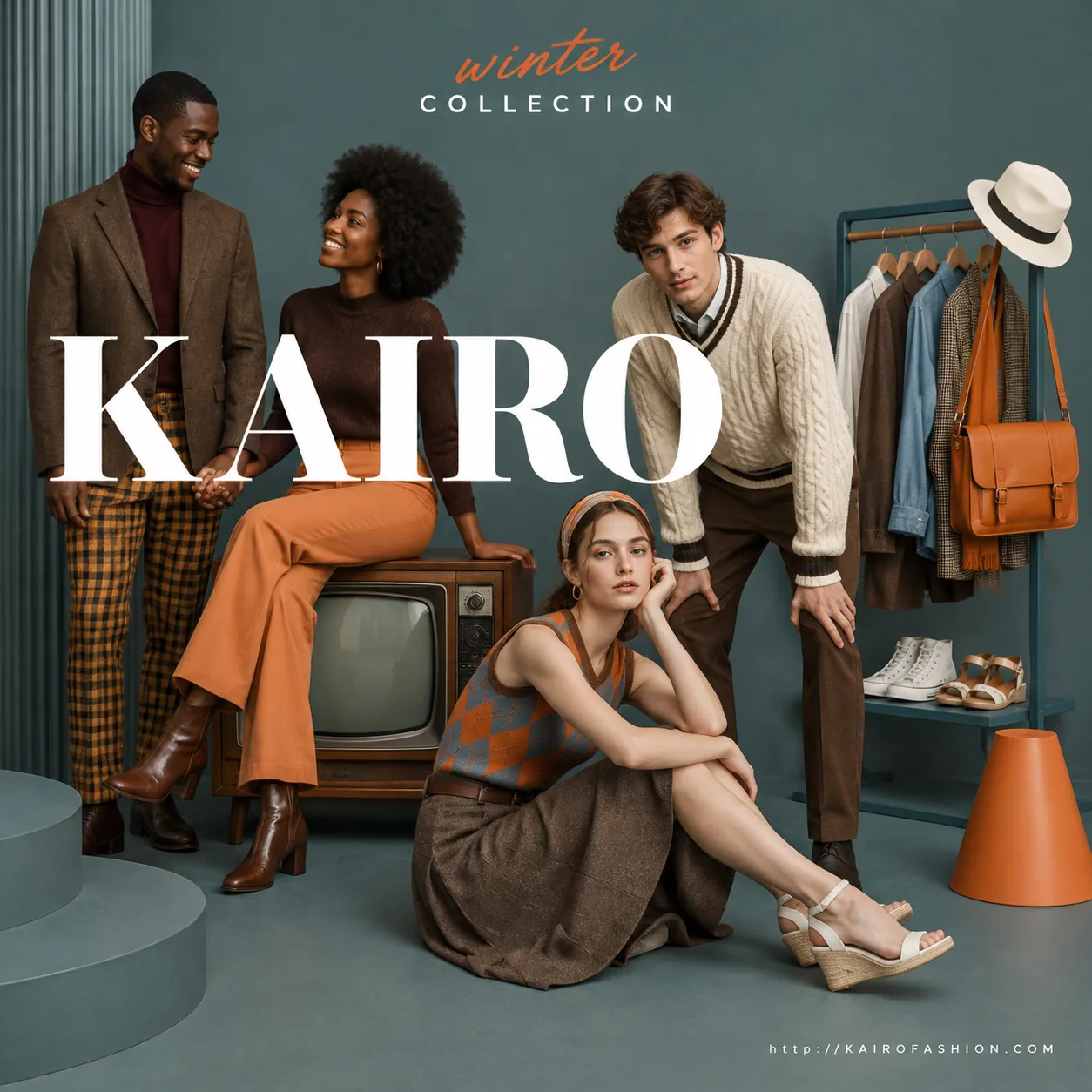 Four models in retro autumn fashion on a teal-grey set with a vintage TV and clothing rack, the word KAIRO in large white serif and 'winter COLLECTION' above