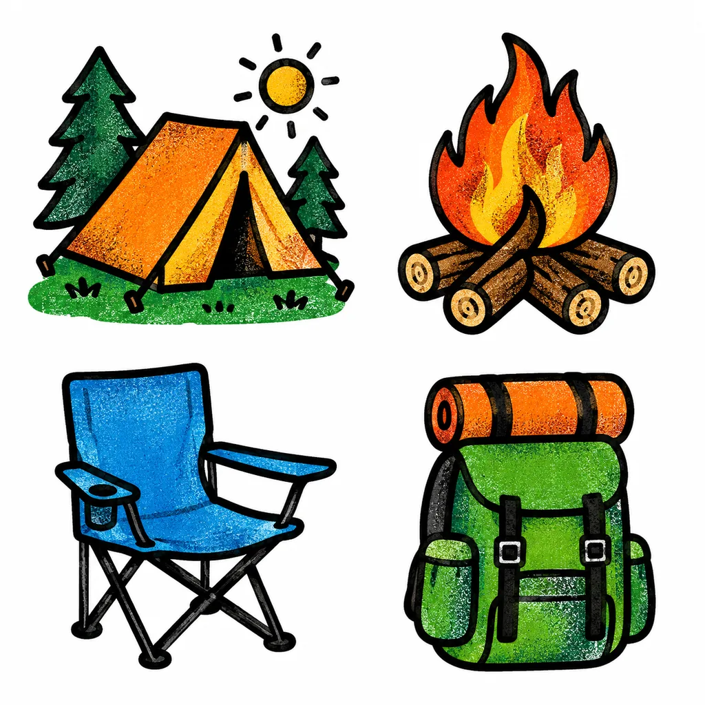 Four risograph-style camping icons with thick black outlines and grainy fills: tent with pine trees and sun, campfire, blue folding chair and green backpack