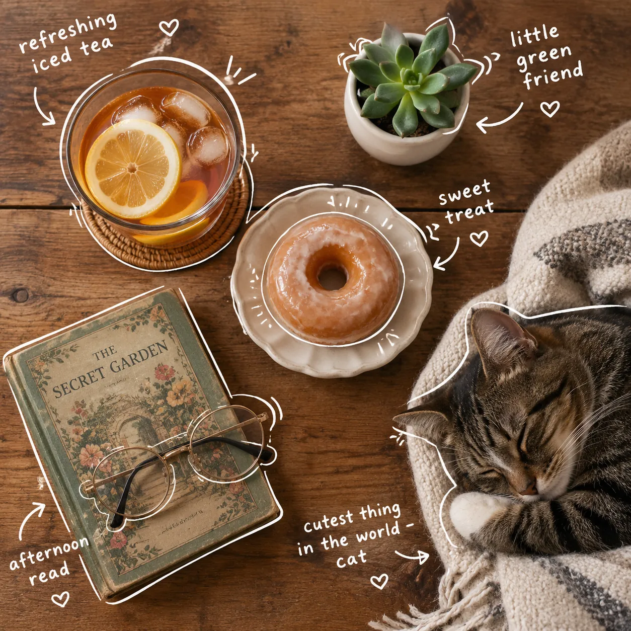 Top-down flat lay of iced tea with lemon, a glazed donut, a succulent, a vintage book with glasses and a sleeping tabby cat, with white doodle labels