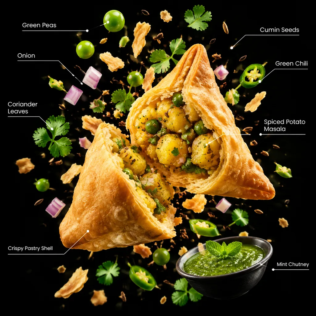 Samosa split mid-air with floating peas chilies and labels