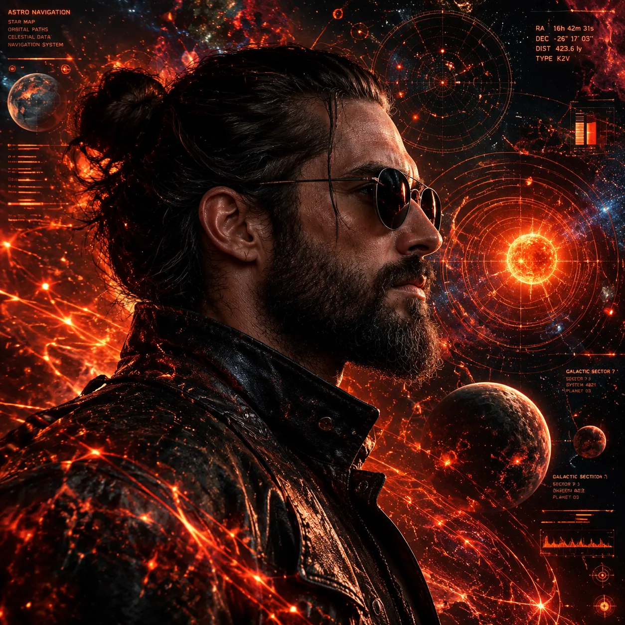 Side profile of a bearded man with a bun, round sunglasses and leather jacket against a glowing orange-red sci-fi HUD of star maps, planets and grids