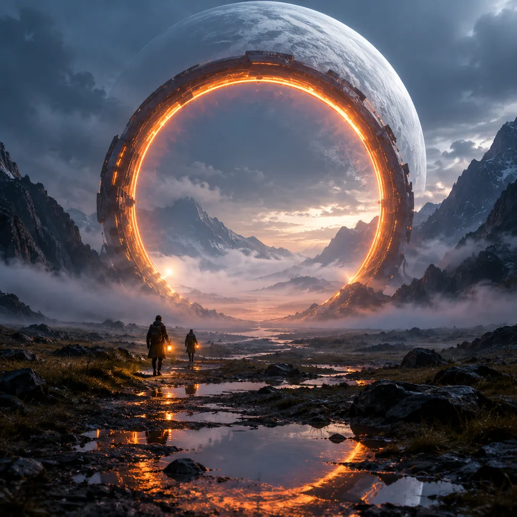 Huge glowing portal ring over a misty valley with two tiny lantern travellers