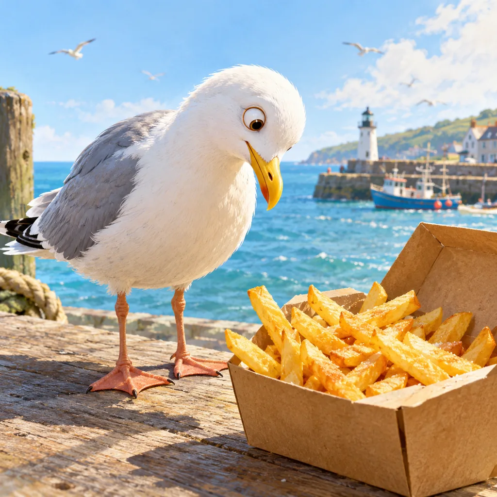 Storybook illustration of a seagull eyeing an open box of fries on the coast