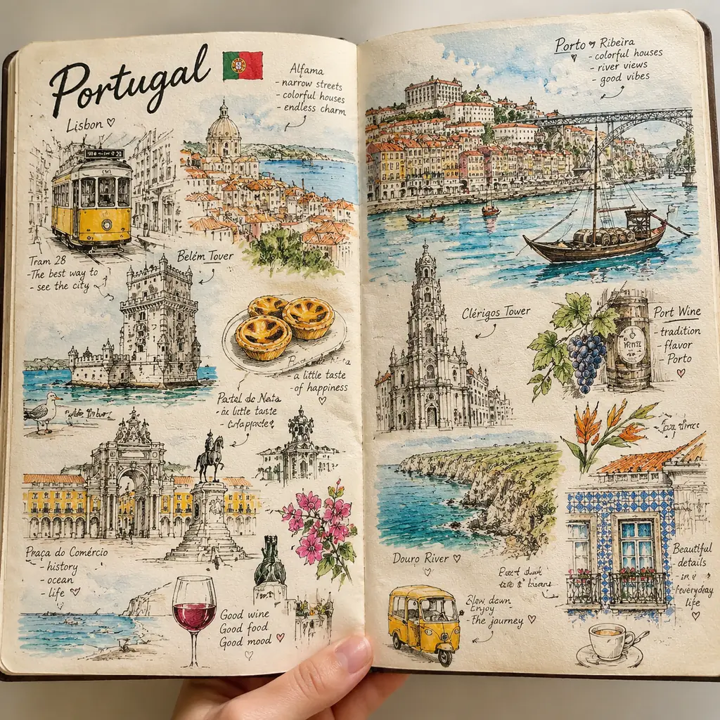 打开的葡萄牙旅行速写本，墨线描绘里斯本与波尔图的地标、电车和蛋挞，局部点缀水彩