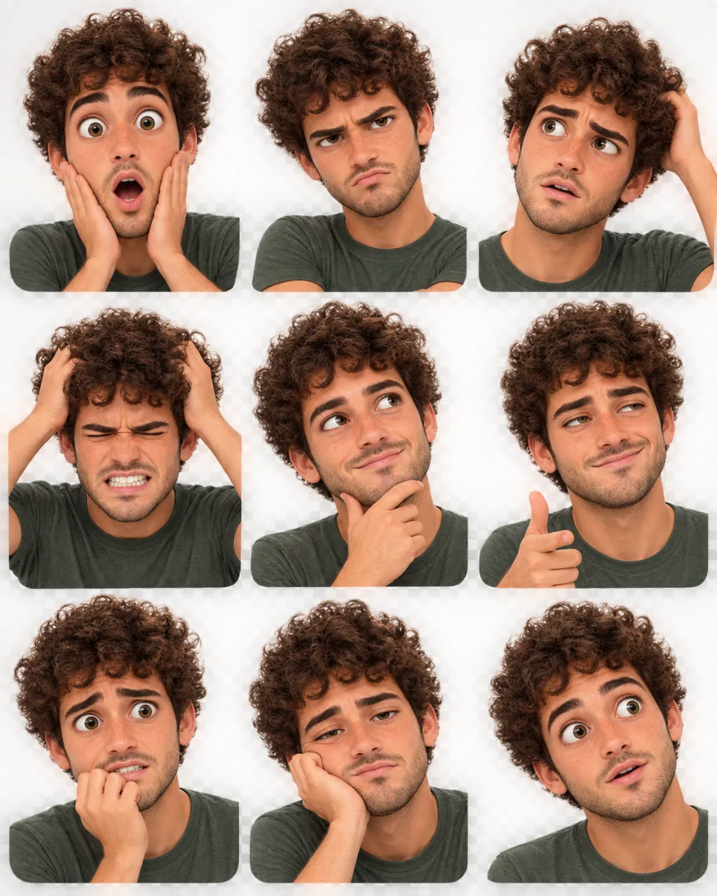 3×3 grid of the same curly-haired man in a green T-shirt showing nine expressions: surprised, annoyed, confused, frustrated, thoughtful, sarcastic, worried, bored, curious