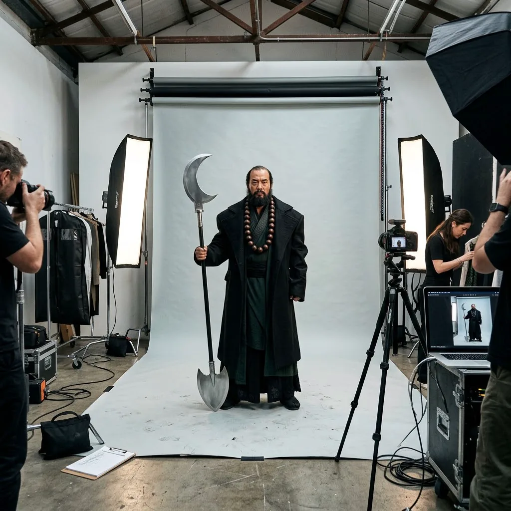 Stern bearded figure inspired by Sha Wujing in a black coat and prayer beads holding a crescent spade in a studio