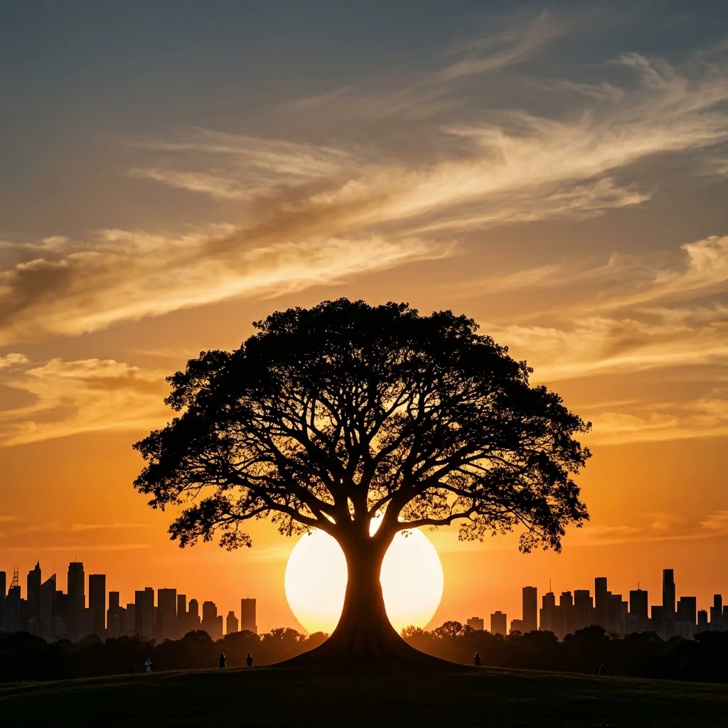 Black silhouette of a large spreading tree and skyscrapers in front of a giant white sun in an amber sunset sky