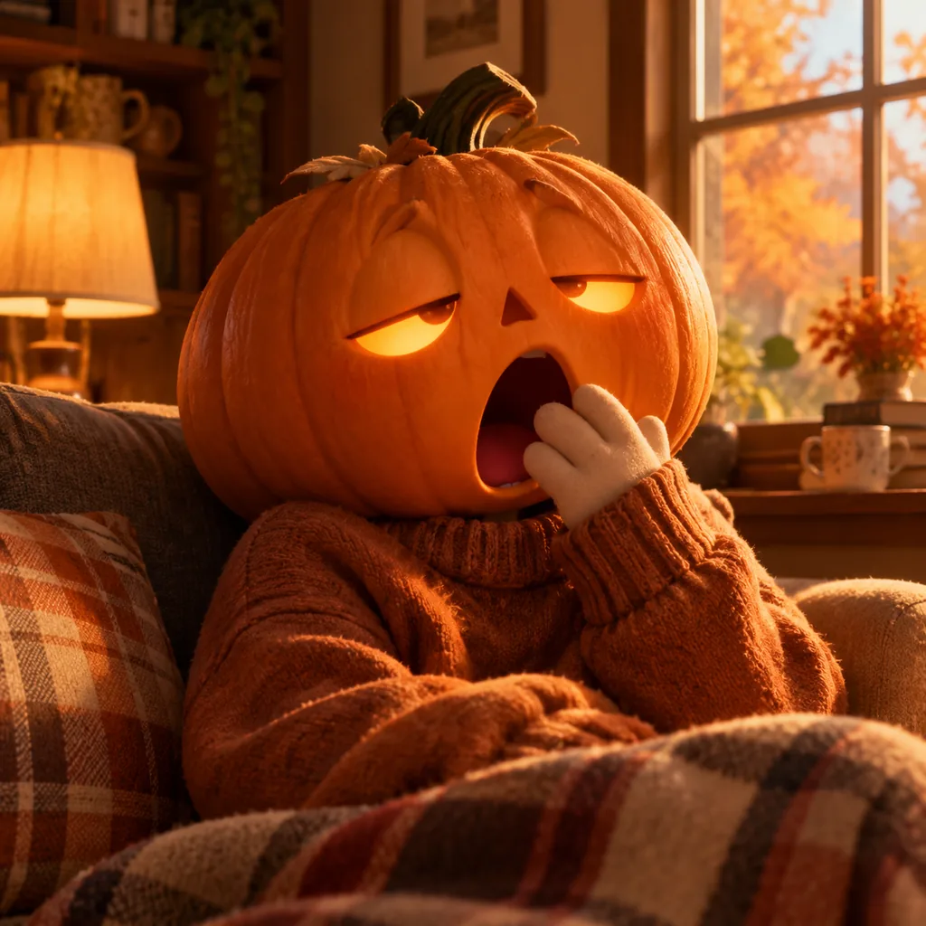 Drowsy pumpkin-headed figure in a cozy sweater mid-yawn