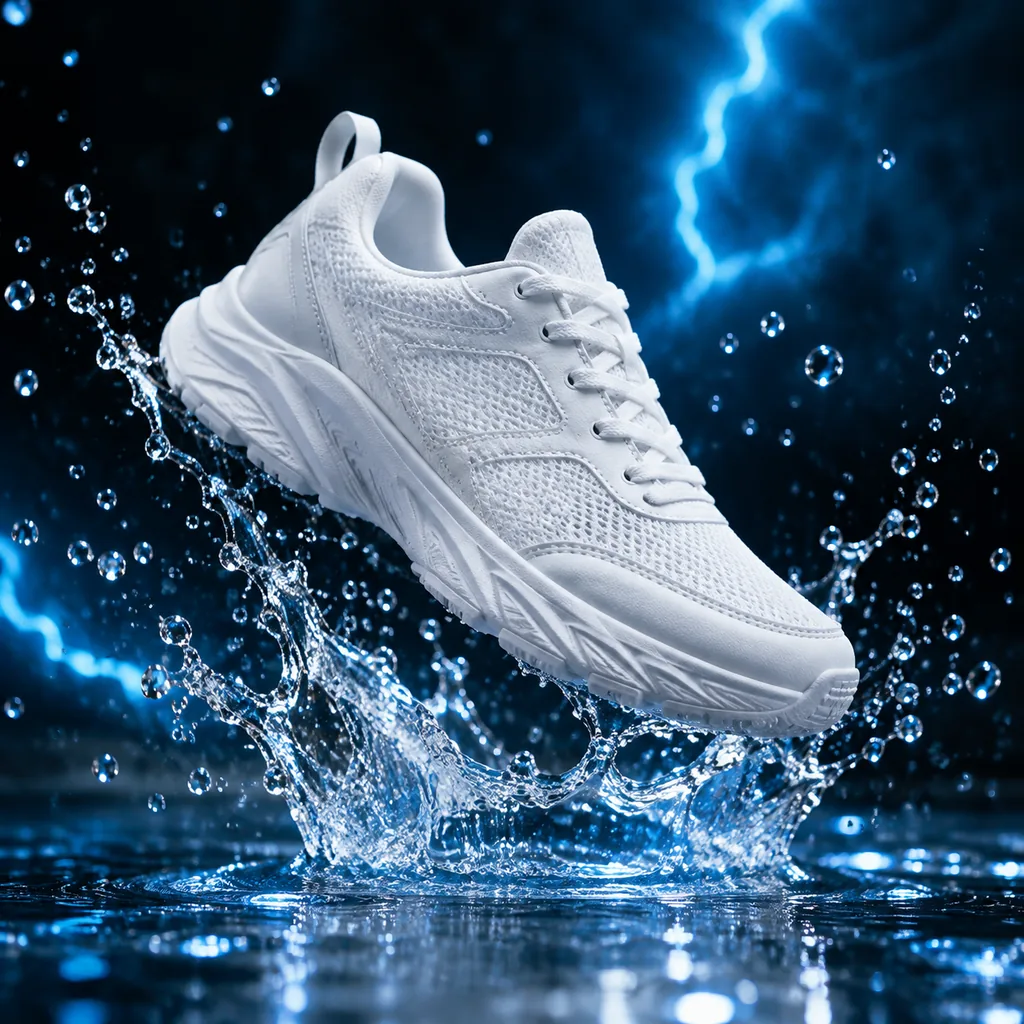 Unbranded sneaker frozen mid-splash with a water crown and lightning