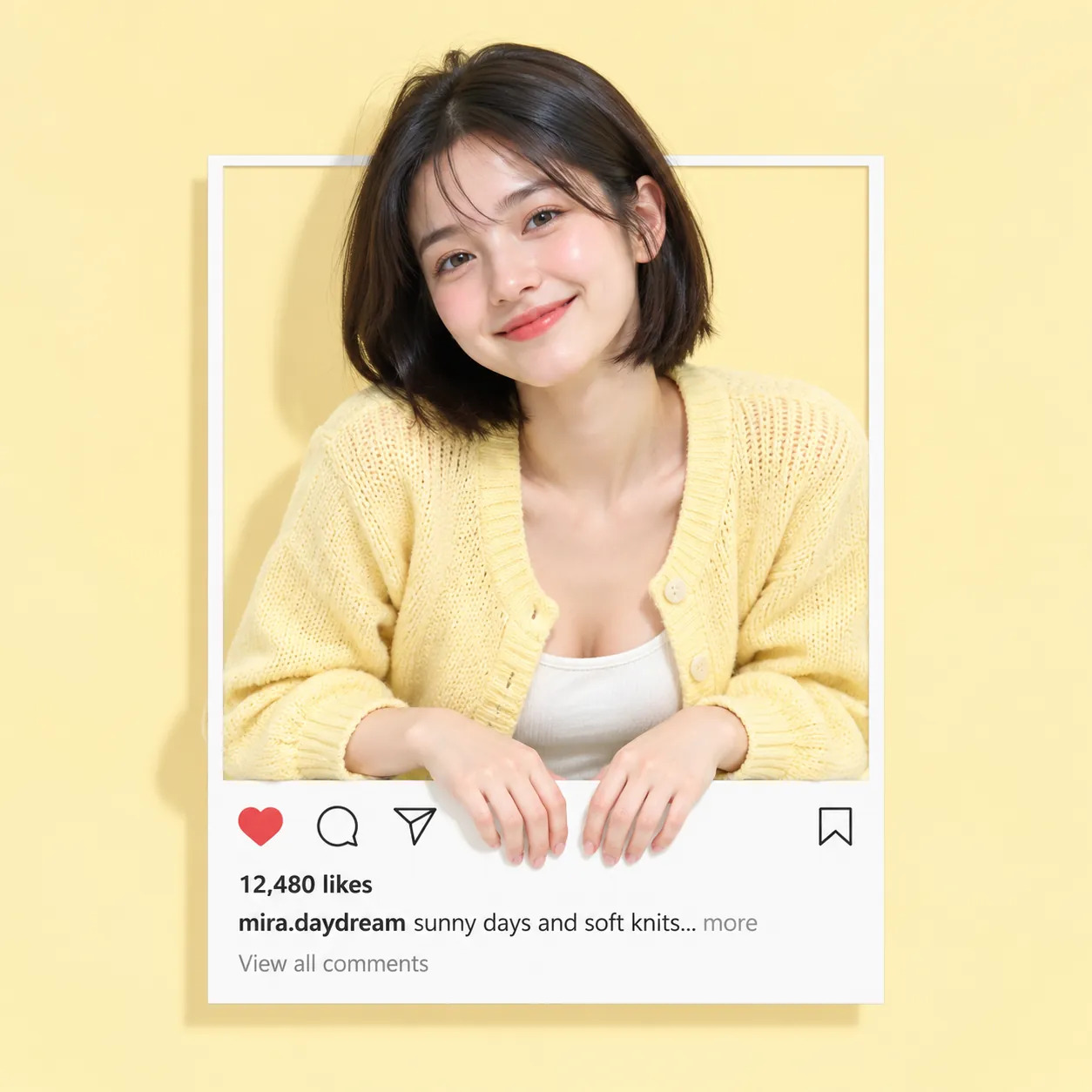 Smiling woman with a dark bob in a yellow cardigan resting her hands on a white social-post frame showing 12,480 likes and a caption, on a butter-yellow background