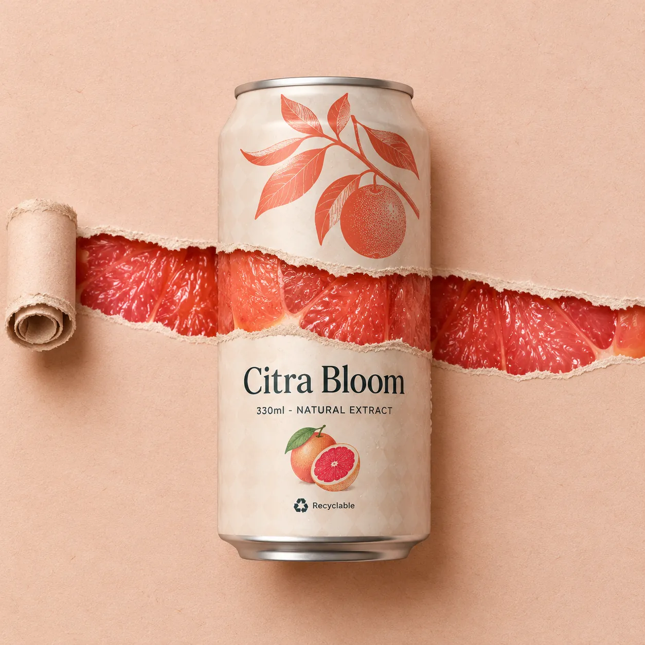淡蜜桃色纸张上的 Citra Bloom 西柚汽水罐，一条水平撕纸带露出粉红西柚果肉，左侧是卷起的纸卷