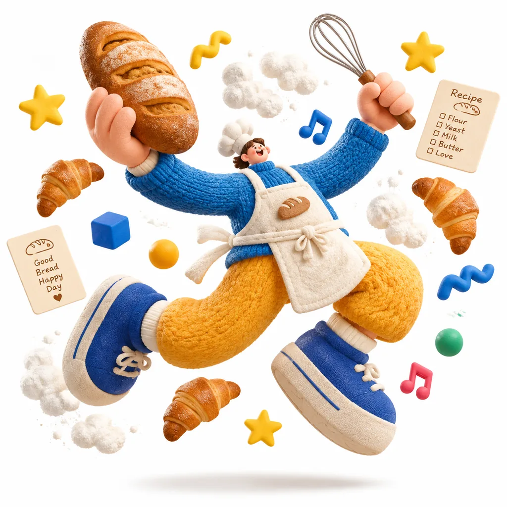 Soft-sculpture 3D toy baker with long limbs leaping with a giant loaf and whisk among floating croissants on white