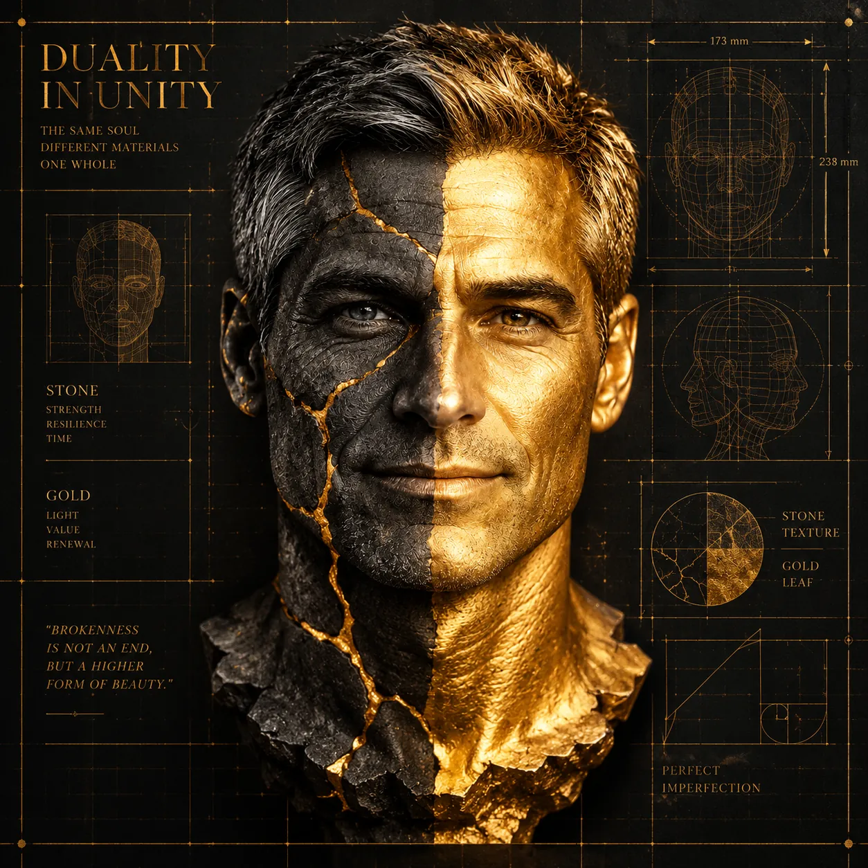 Sculptural bust of a grey-haired man split down the middle into cracked black stone and polished gold, on a dark blueprint background with gold diagrams