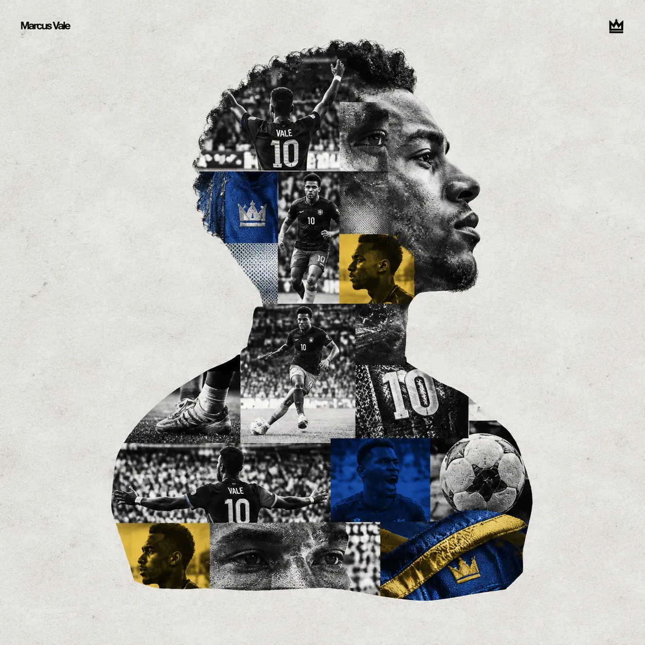 Black-and-white silhouette of a fictional footballer filled with a mosaic of action photos, blue and gold accents, small name top-left
