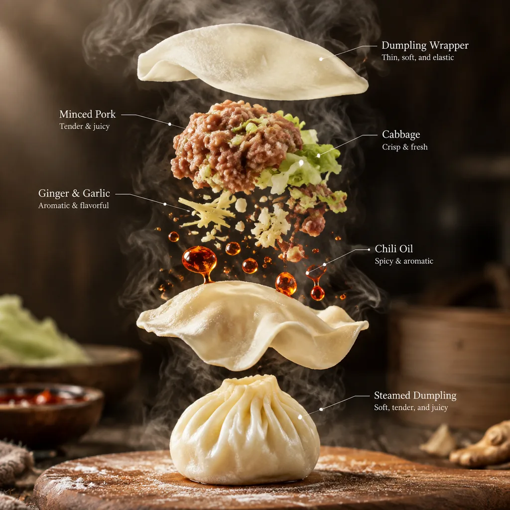 Exploded steamed dumplings with floating wrappers filling and steam