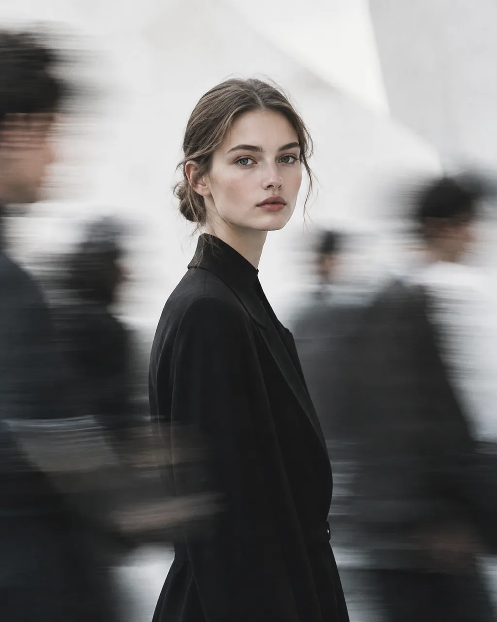 Calm woman in a long black coat standing still and looking at the camera while blurred grey silhouettes of people pass by against a bright background