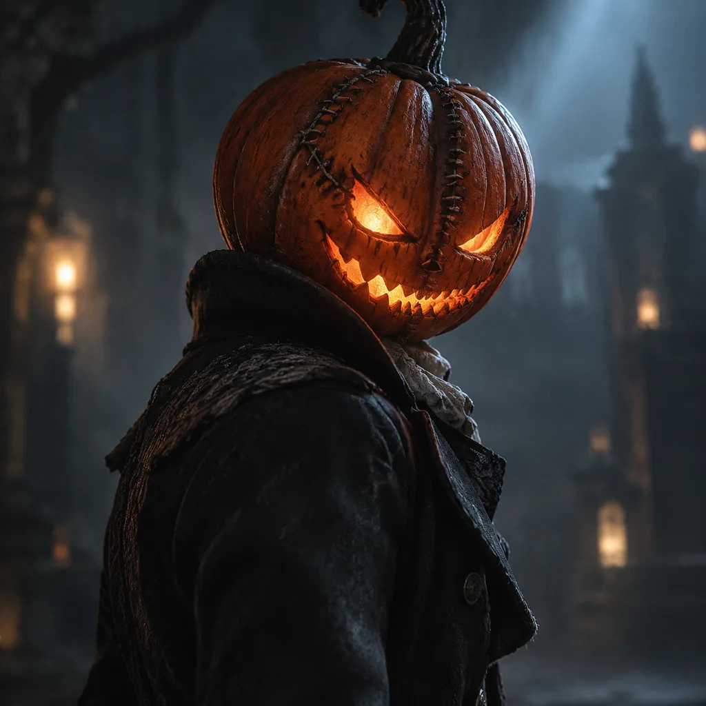Stitched pumpkin-headed figure turning in soft volumetric light