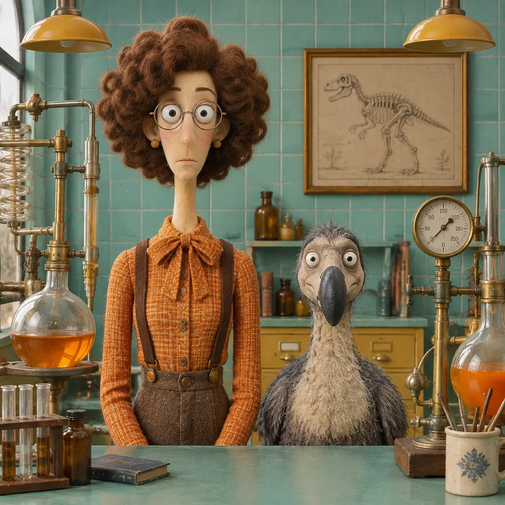 Stop-motion felt puppet scientist with curly hair beside a scruffy dodo bird puppet in a teal-tiled vintage lab