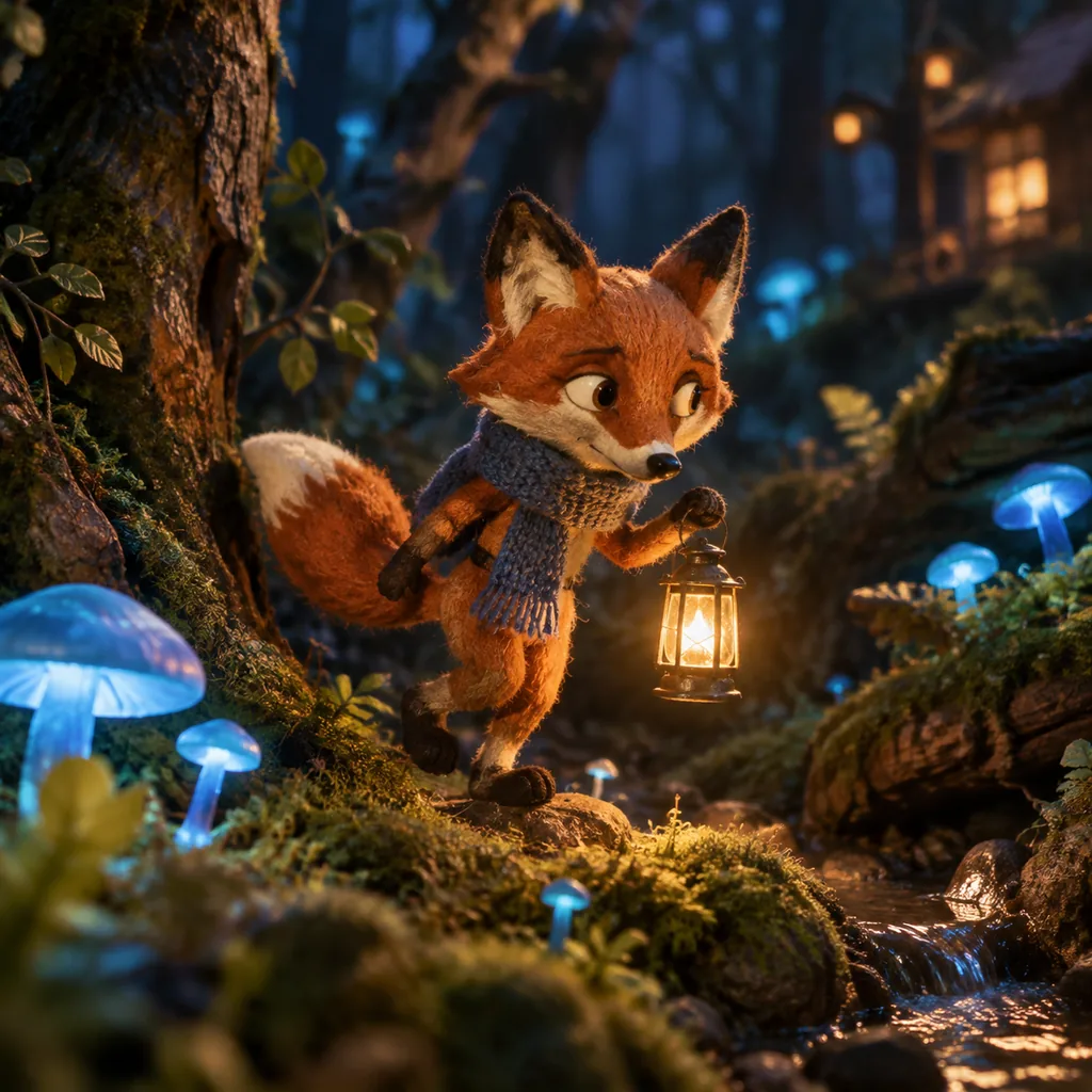 Stop-motion style fox puppet in a knitted scarf holding a glowing lantern in a miniature night forest set