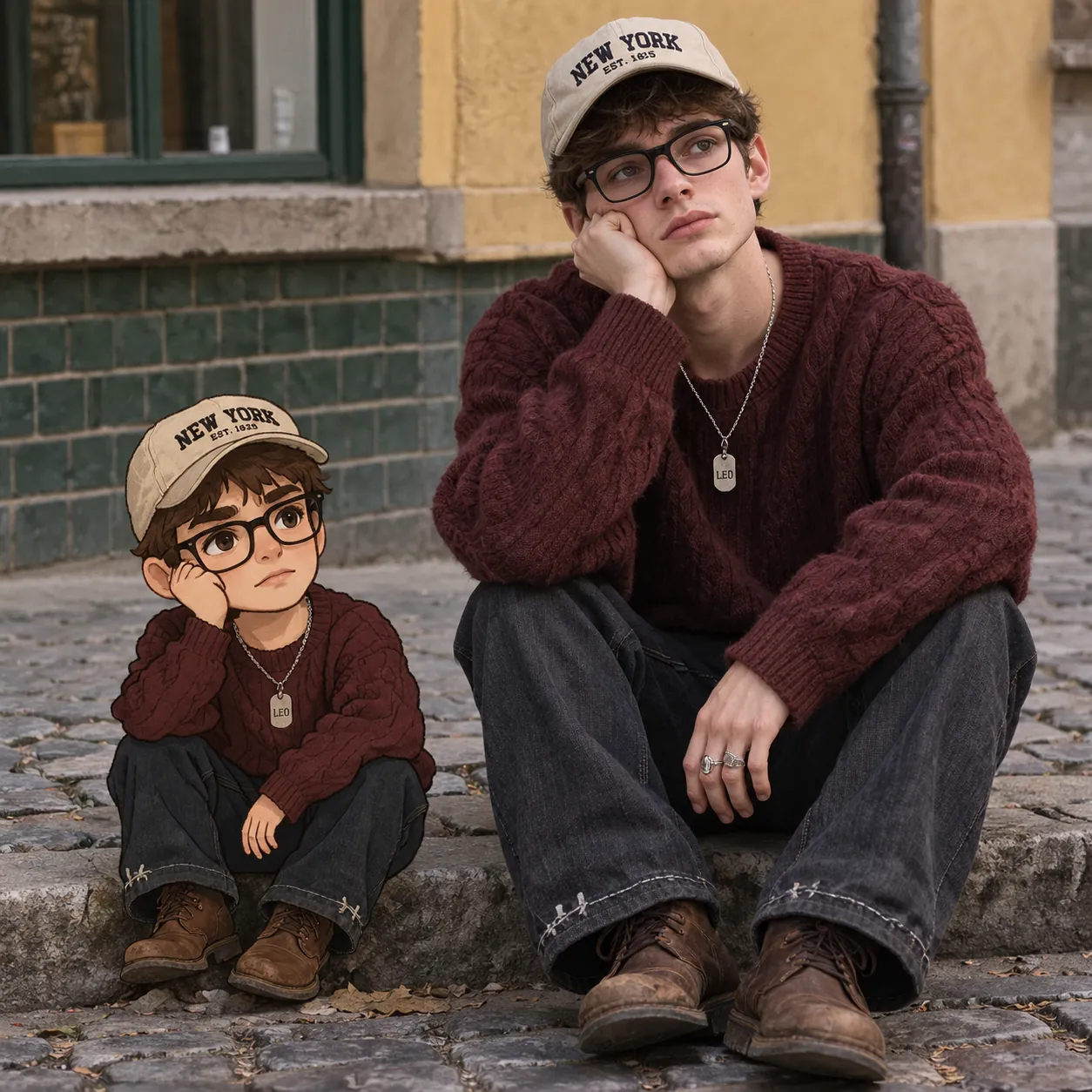 Young man in a maroon sweater, glasses and cap sitting on a cobblestone curb, chin in hand, beside a small cartoon version of himself in the same pose