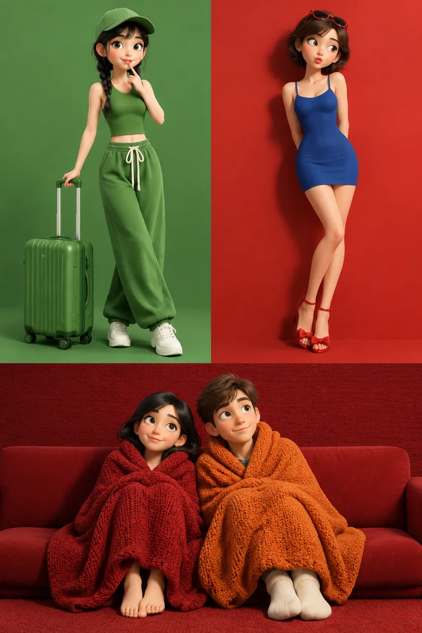 Three-panel 3D cartoon sheet: girl in green with a suitcase on green, woman in a blue dress on red, and a couple wrapped in red and orange blankets on a red sofa