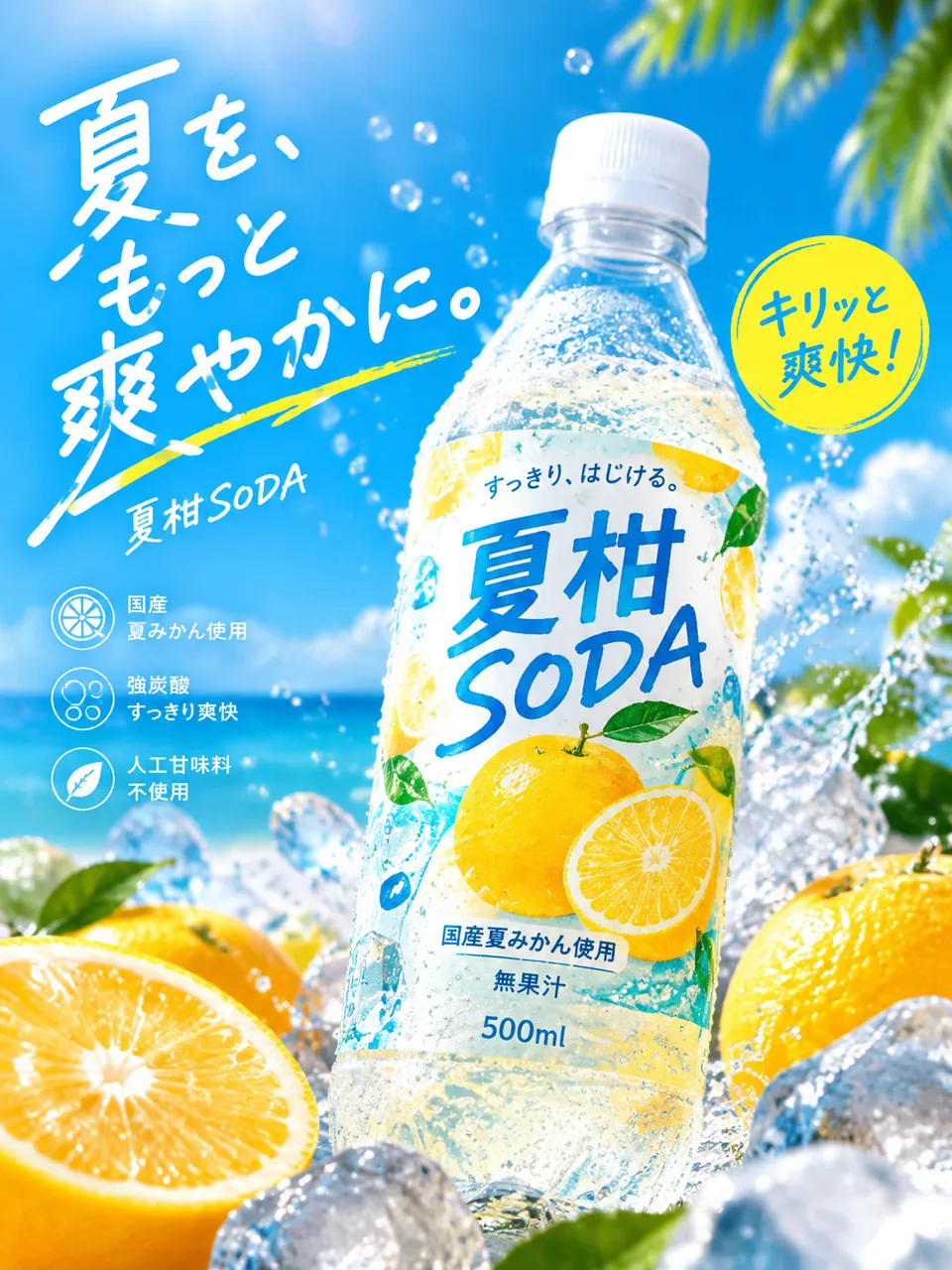 Japanese summer soda ad with a 500ml bottle labelled 夏柑SODA splashing through ice, halved oranges, blue sky and a large Japanese headline