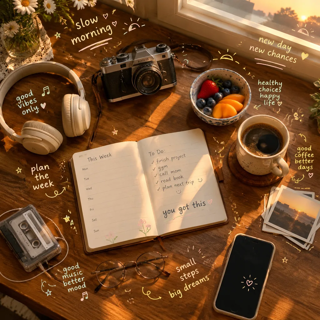 Sunrise Desk Doodle Planner Flat Lay