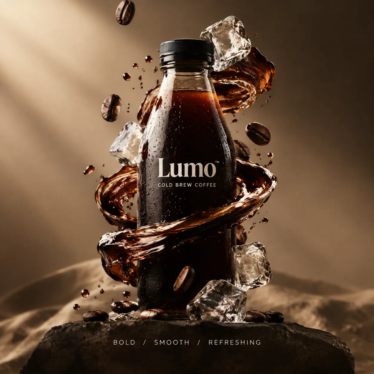 Bottle of Lumo cold brew coffee on a dark rock with a ribbon of coffee, ice cubes and beans swirling around it, slogan Bold Smooth Refreshing