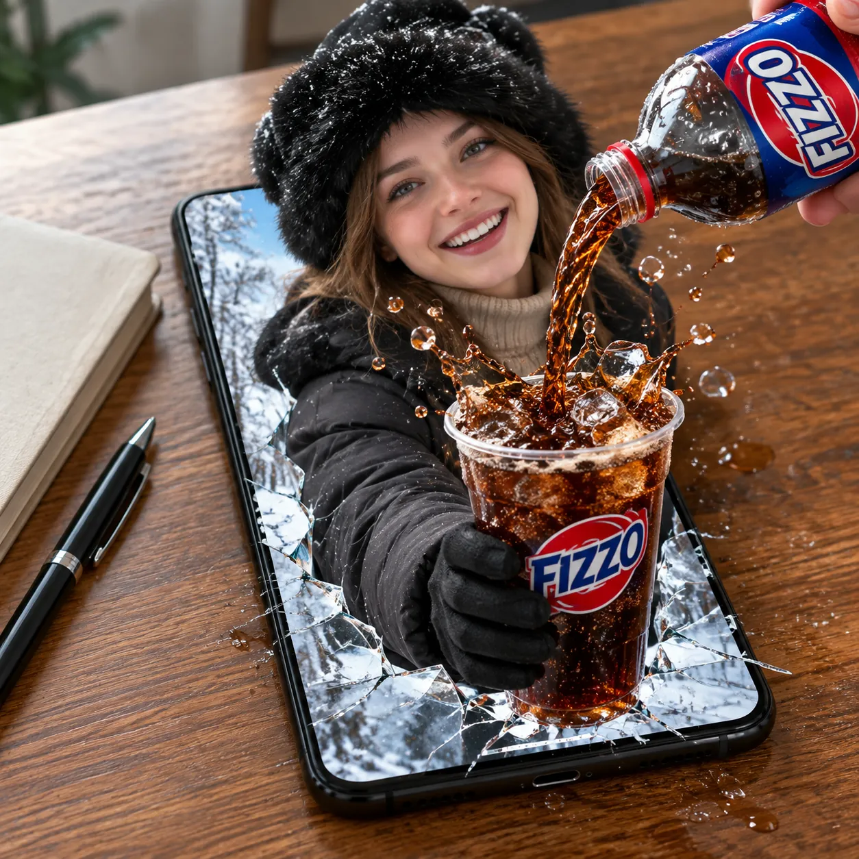 Smiling woman in a black fur hat leaning out of a cracked smartphone on a wooden table while a hand pours FIZZO cola into her cup, splash frozen mid-air