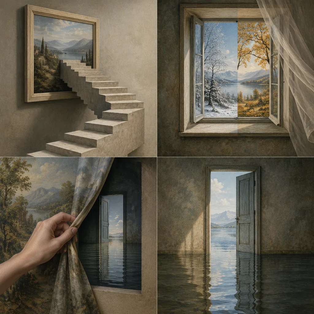 网格中的四格超现实错觉画，楼梯逃出画框