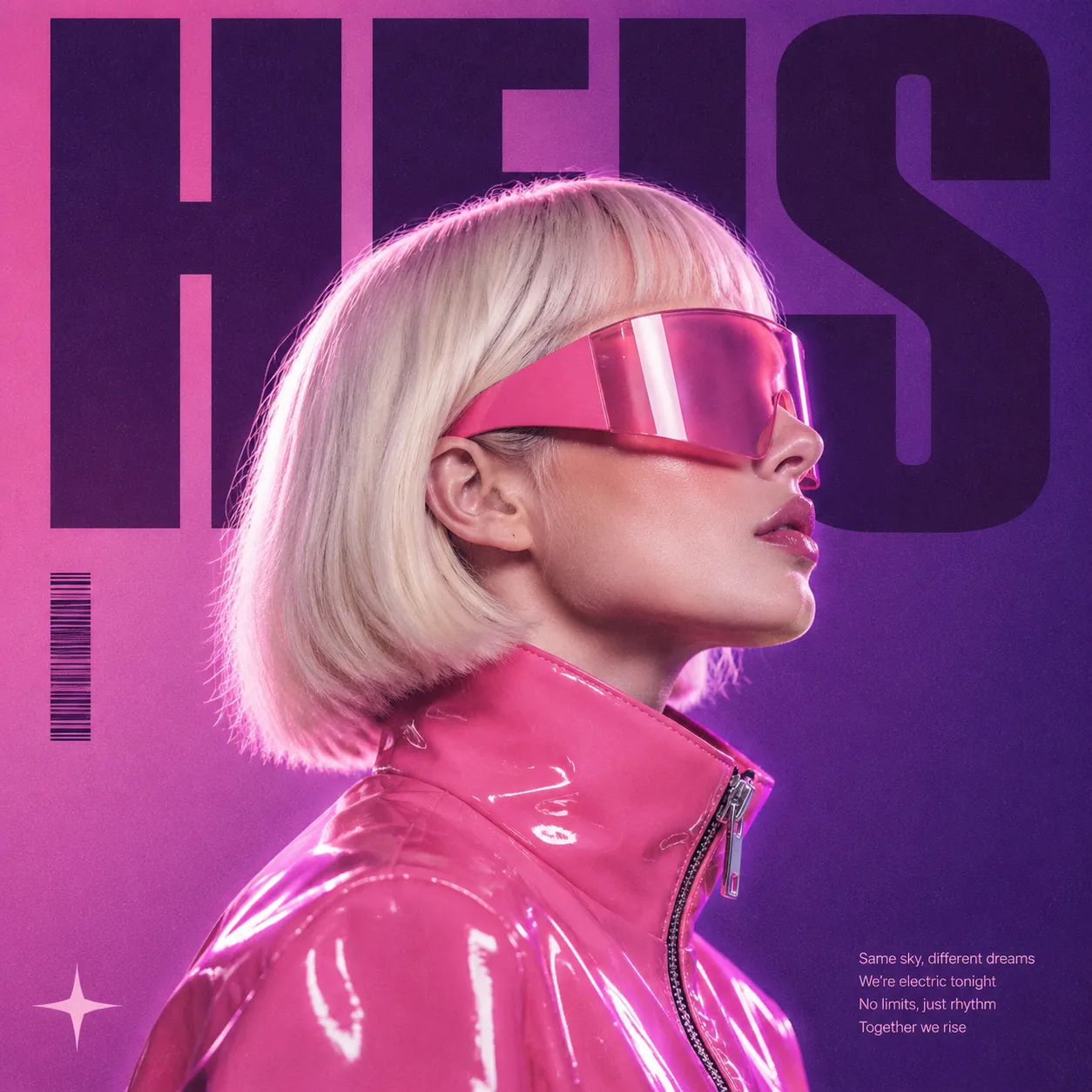 Synthwave poster of a platinum-bob woman in profile wearing a pink visor and glossy pink vinyl jacket before giant purple letters HEIS on a magenta gradient