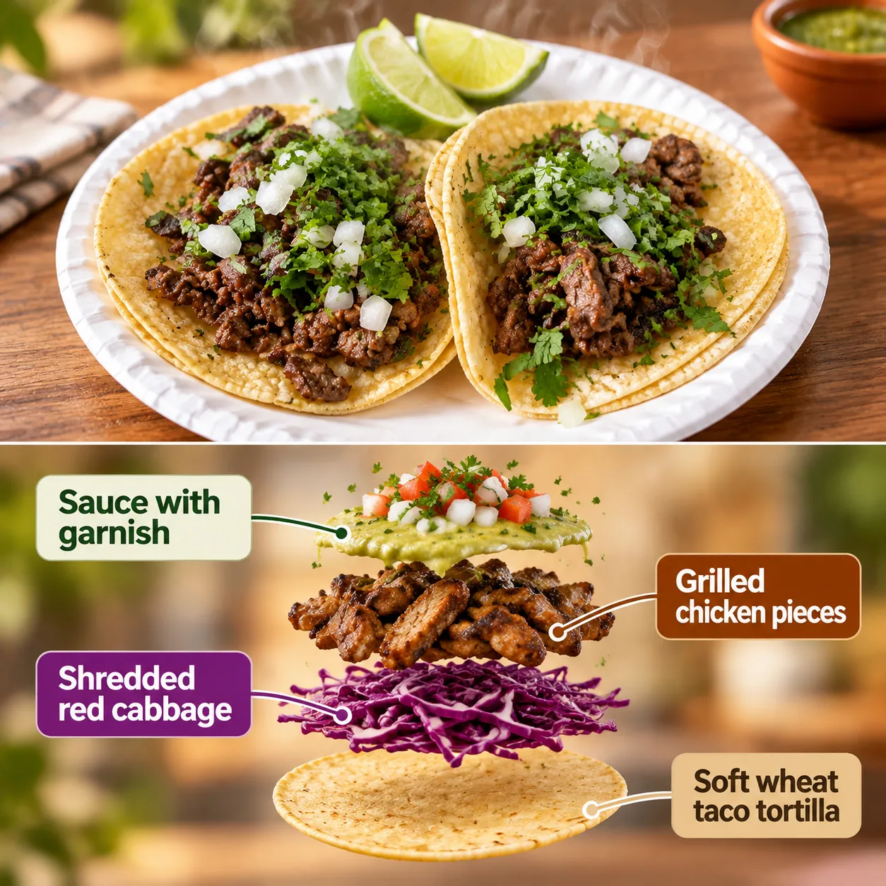 Two street tacos with grilled beef, onion and cilantro beside lime wedges, above an exploded taco stack labelled tortilla, red cabbage, grilled chicken and sauce
