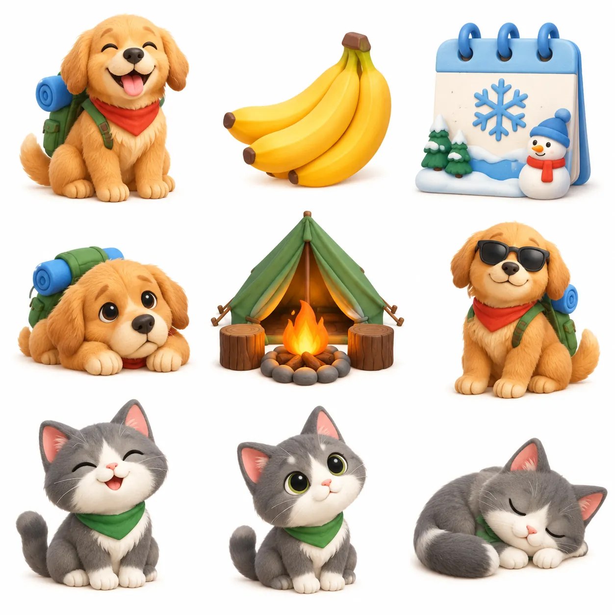 3×3 grid of cute glossy 3D icons on white: smiling puppies with backpacks, bananas, a snowy calendar, a tent with campfire, and a grey kitten in three moods