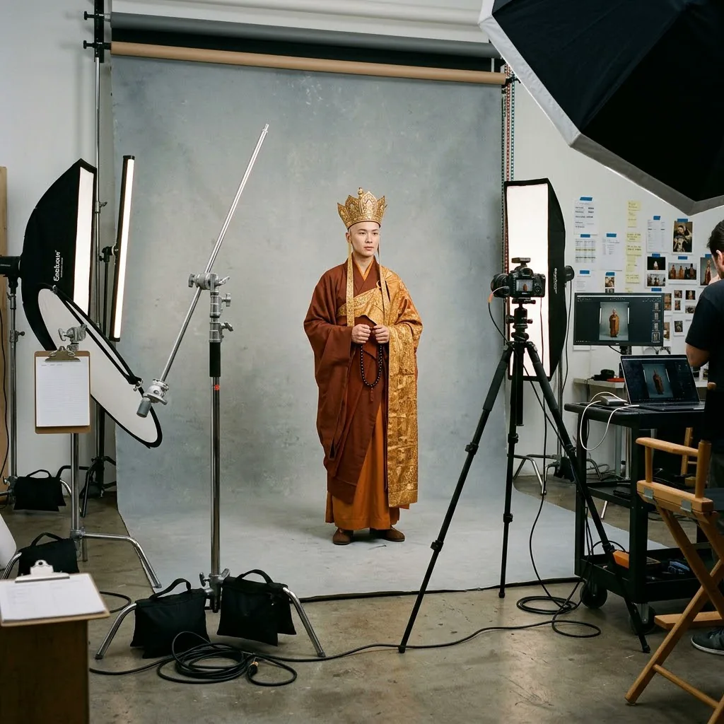 Monk inspired by Tang Sanzang in a tailored saffron robe and golden crown on a grey studio backdrop with lights and camera