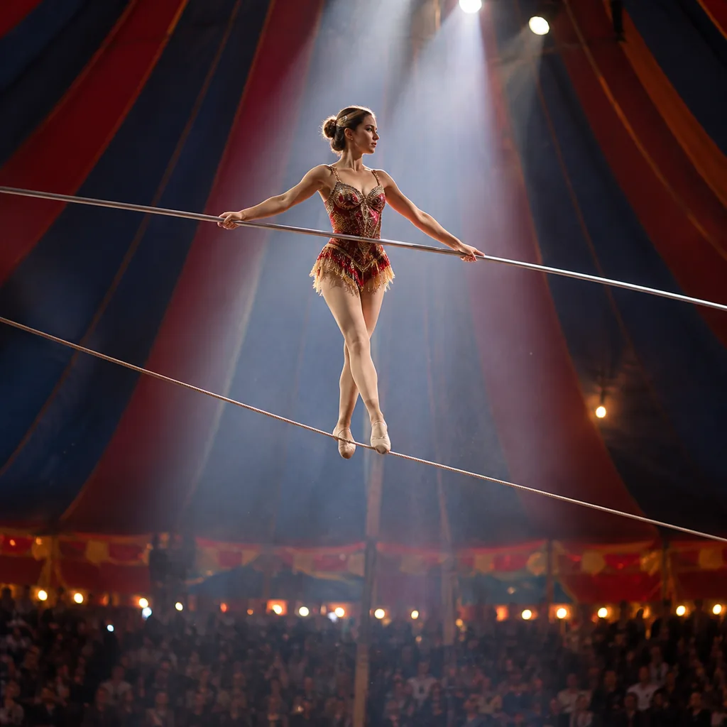 Acrobat frozen mid-trick on a high tightrope under a circus spotlight