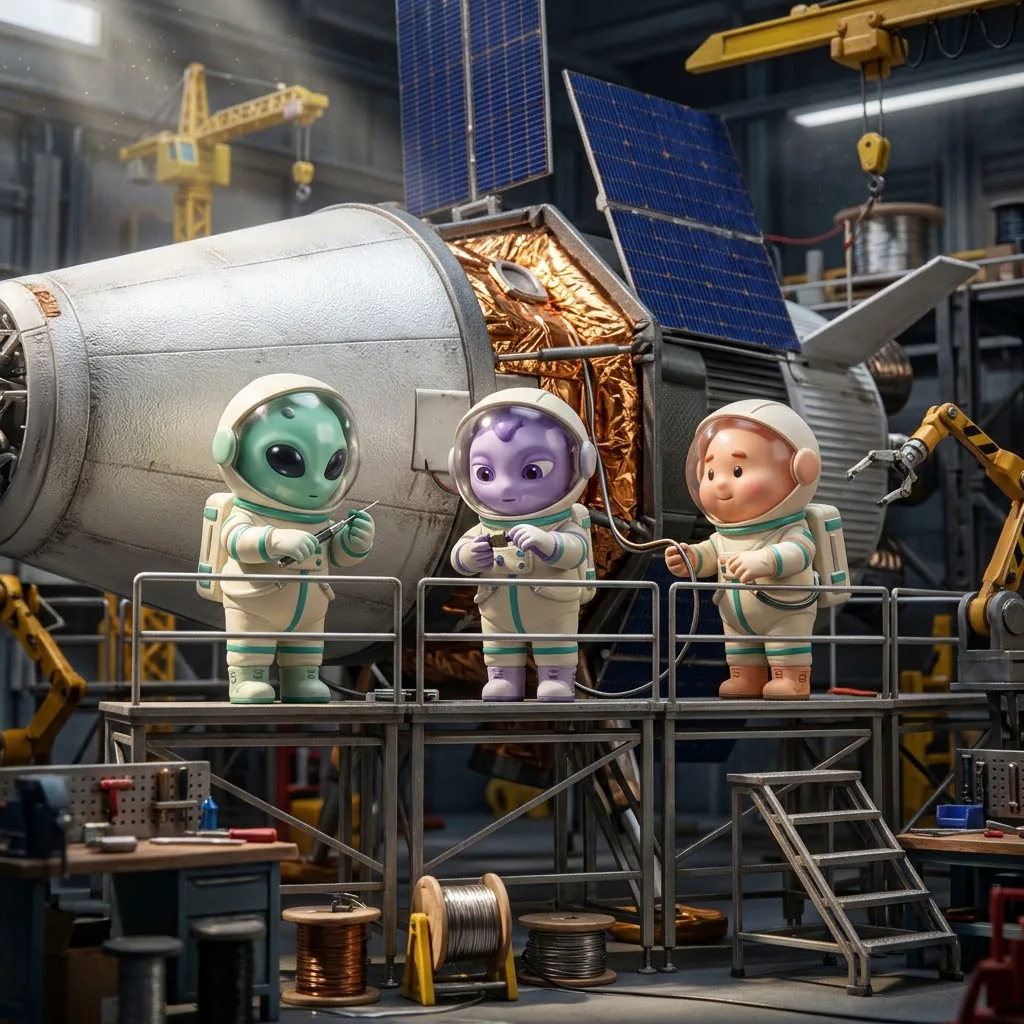Three tiny cute alien engineers in white suits on scaffolding around a huge silver and copper-gold spacecraft in a factory