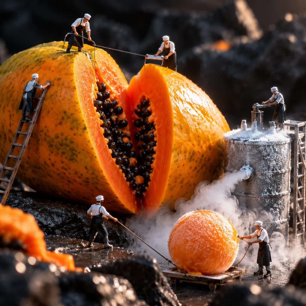 Macro diorama photo of tiny chefs with ladders and ropes slicing a giant papaya on black slate beside a frosty barrel