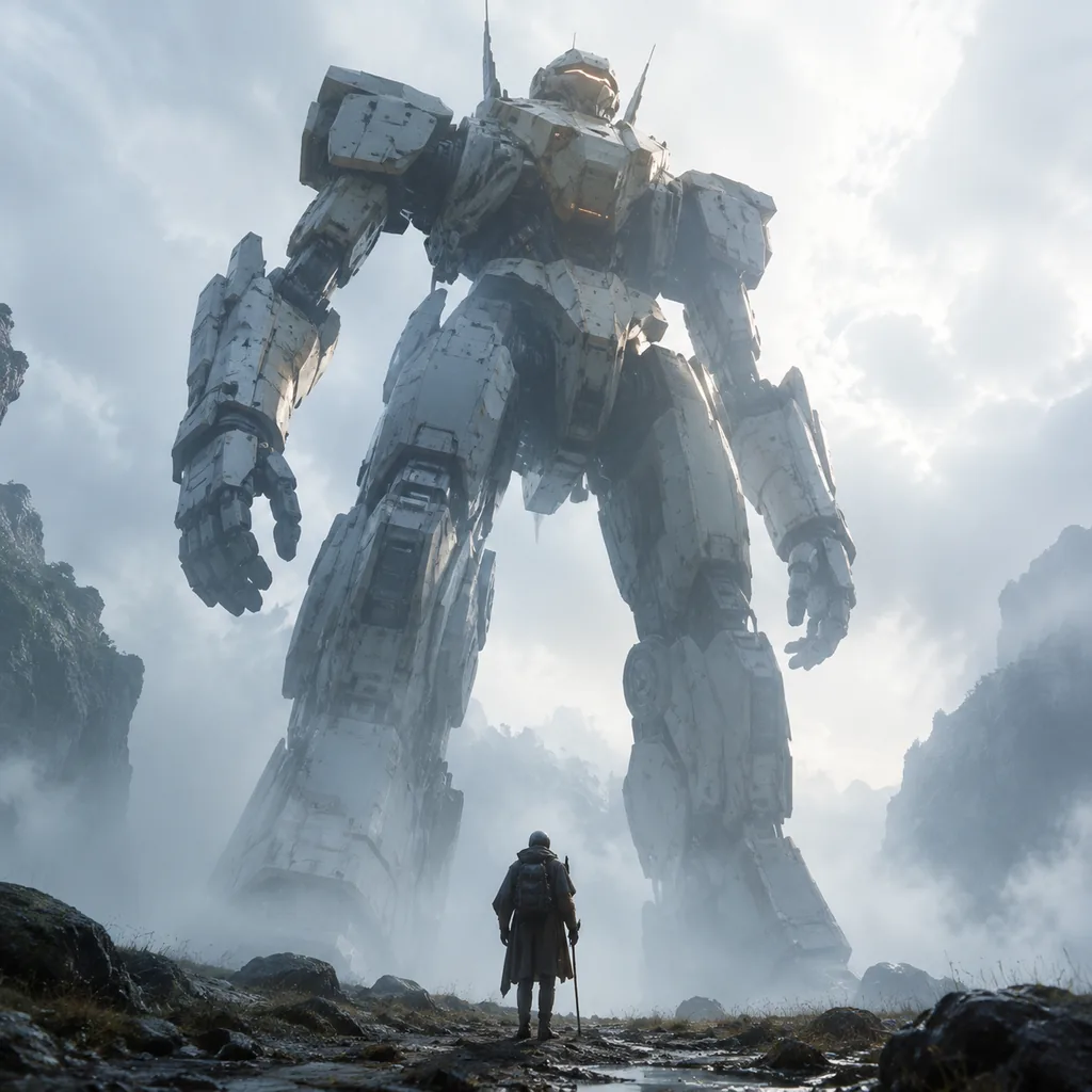 Tiny Traveller Facing a Giant Mech