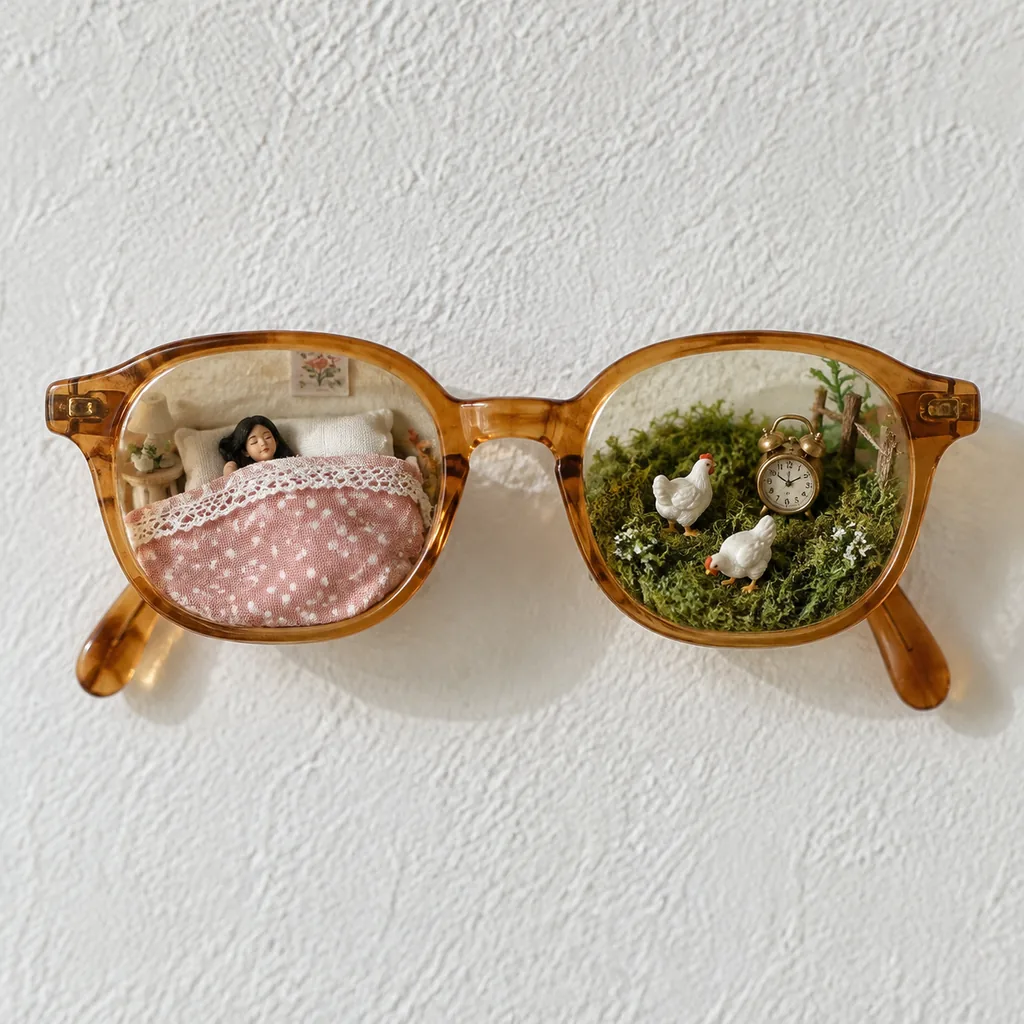 Vintage amber eyeglasses on a white wall with a tiny sleeping figure in one lens and moss, hens and a brass clock in the other