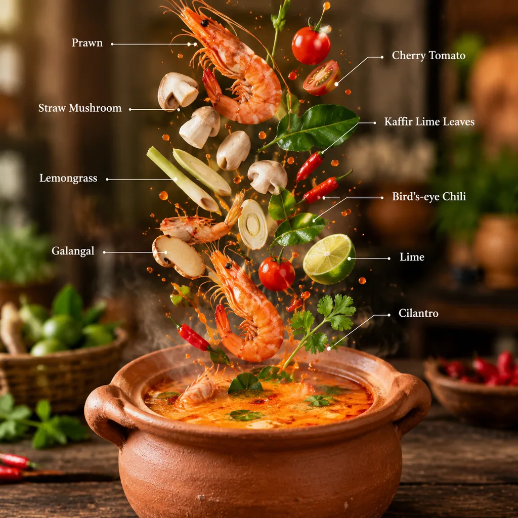 Tom yum clay pot with floating prawns lemongrass and chilies
