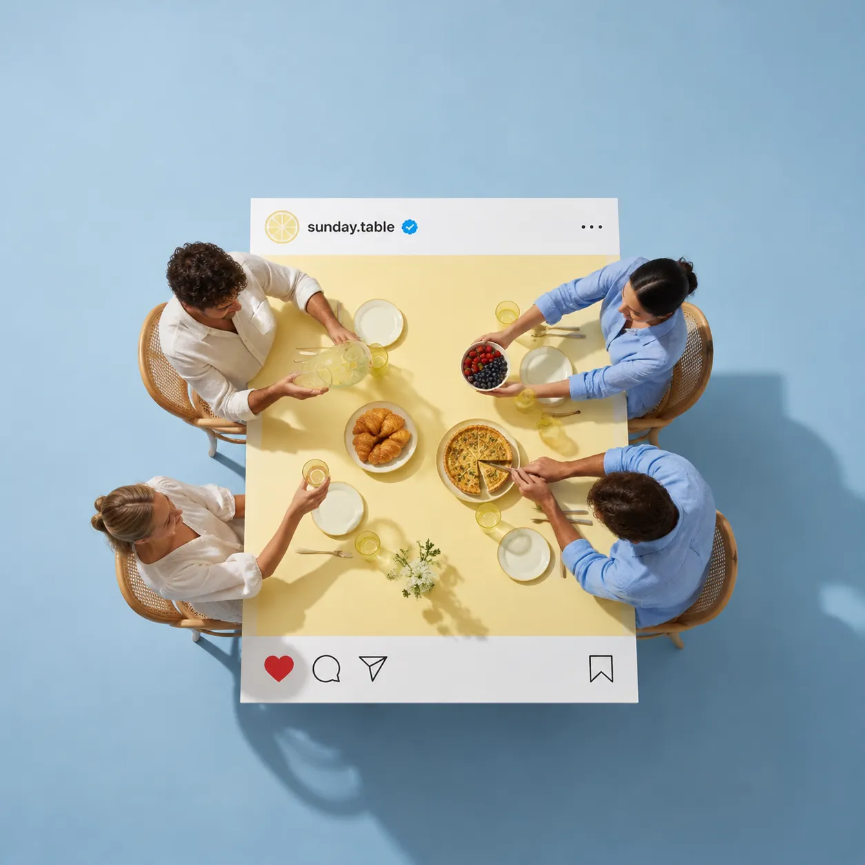 Top-down view of four friends in linen at a table styled like a social post with a sunday.table profile strip, lemon-yellow centre with brunch food, on a sky-blue floor