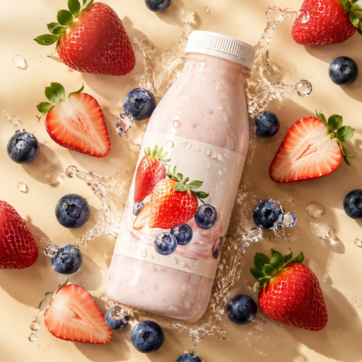 Top-down flat lay of a pink strawberry yogurt bottle on warm beige, surrounded by halved strawberries, blueberries and frozen water splashes