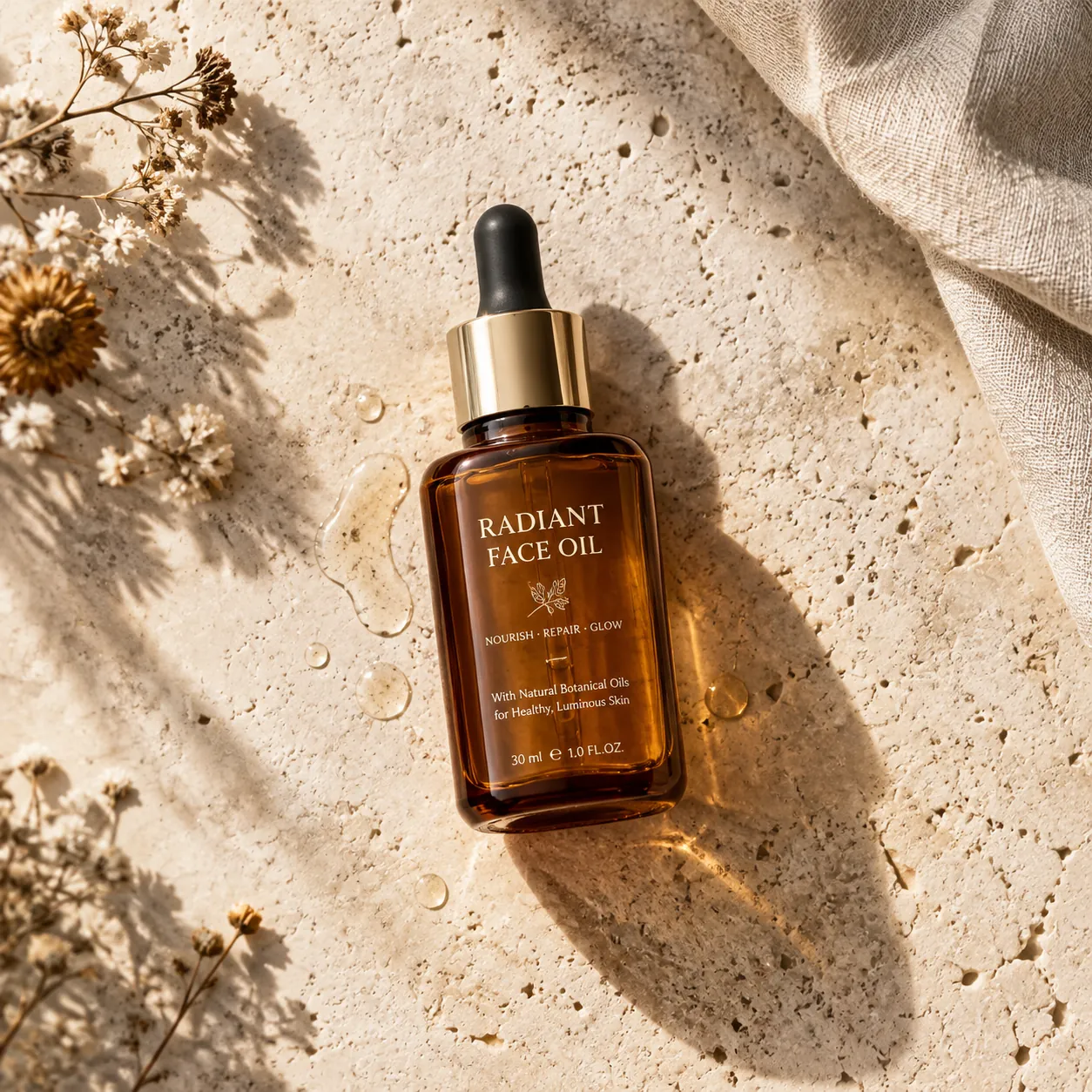Top-down shot of an amber face-oil dropper bottle on travertine stone with dried flowers, a linen cloth and warm sunlight shadows