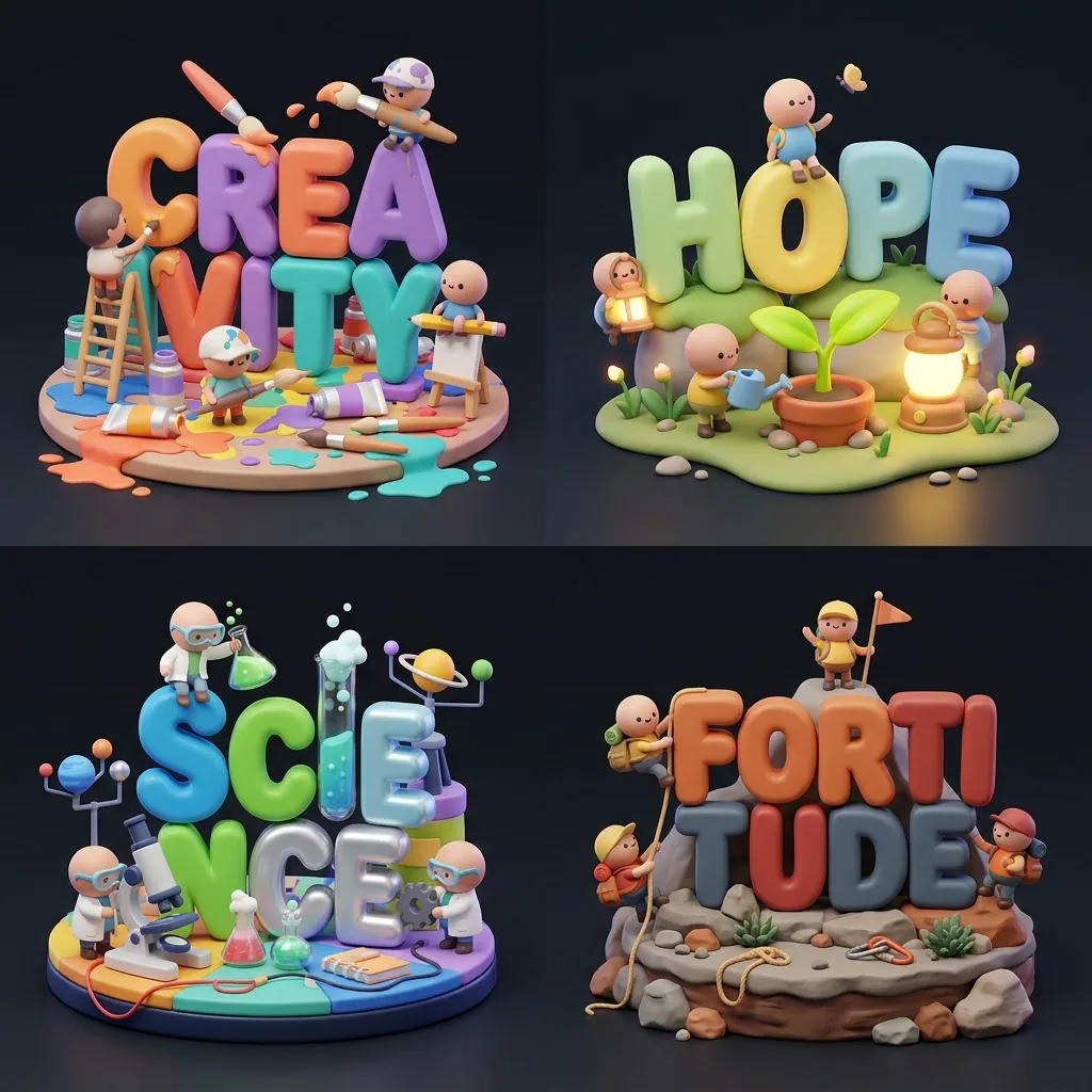 2x2 grid of toy dioramas with chunky 3D bubble-letter titles CREATIVITY, HOPE, SCIENCE and FORTITUDE and tiny props