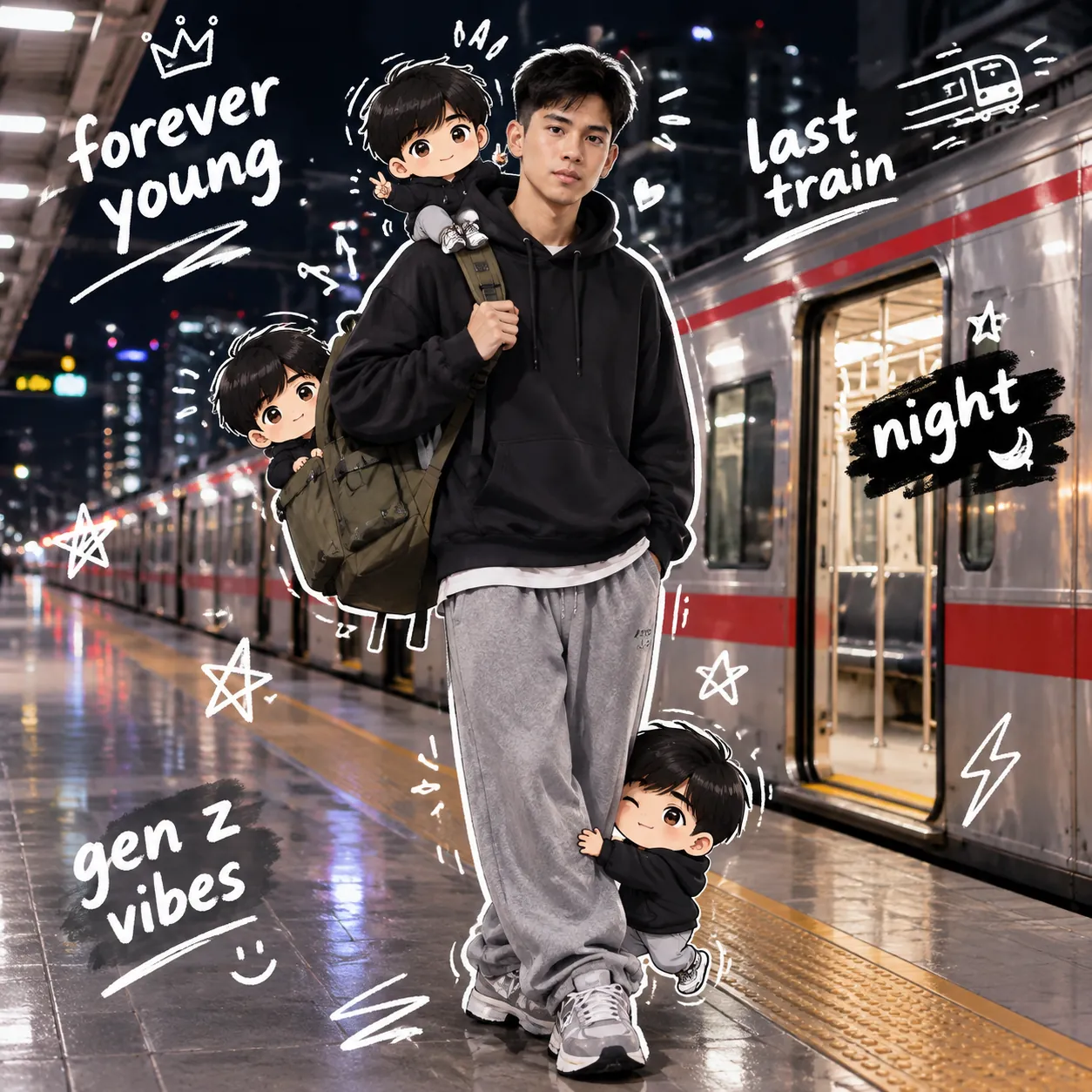 Young man in a black hoodie on a night train platform with tiny 3D chibi versions of himself, white doodle outlines and slogans like forever young and last train