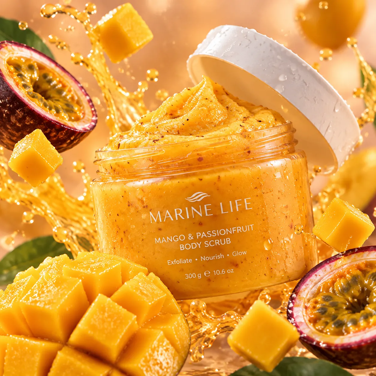 Open jar of yellow-orange mango and passionfruit body scrub with its white lid lifted, surrounded by mango cubes, halved passionfruit and a golden juice splash