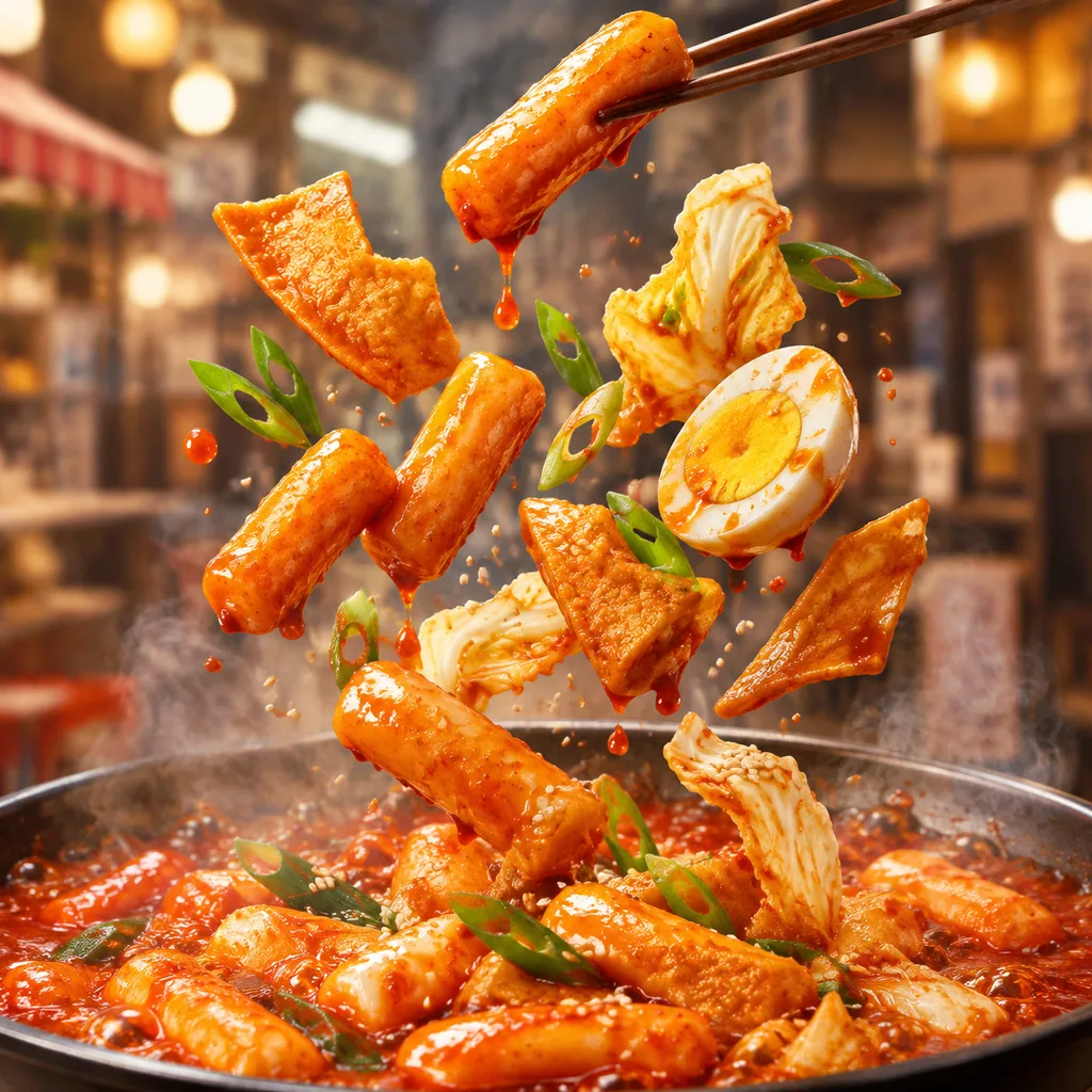 Tteokbokki rice cakes and egg falling into bubbling red sauce
