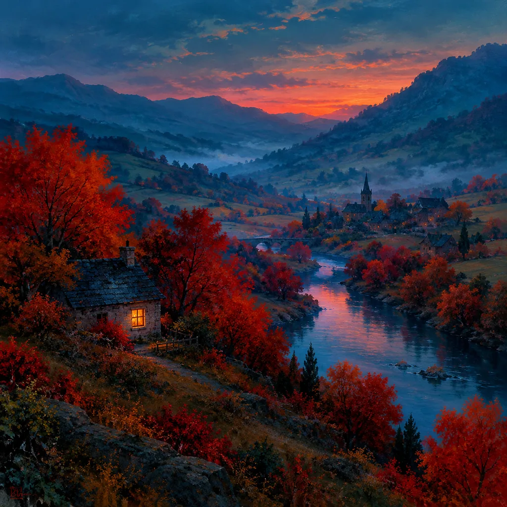 Dusk valley village with red autumn trees and one cottage window glowing warm