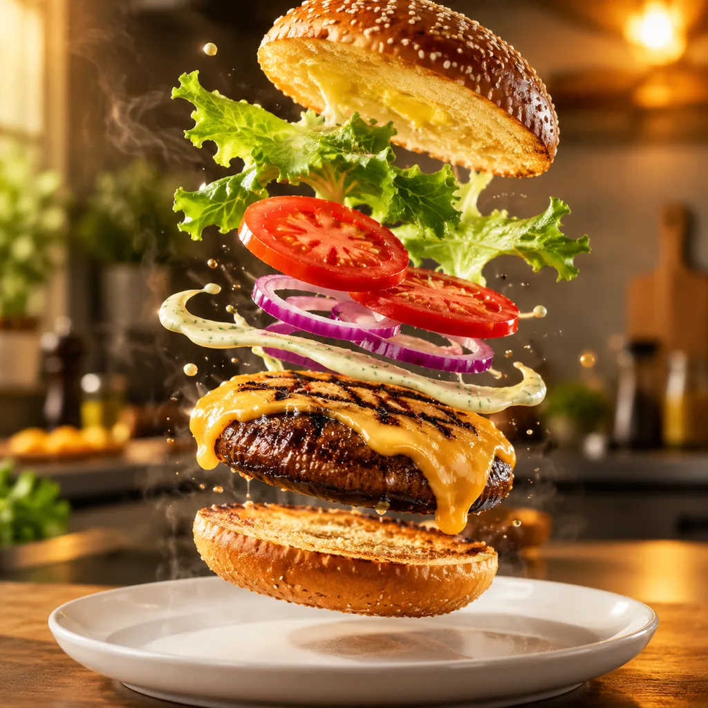 Portobello burger ingredients rotating mid-air before stacking